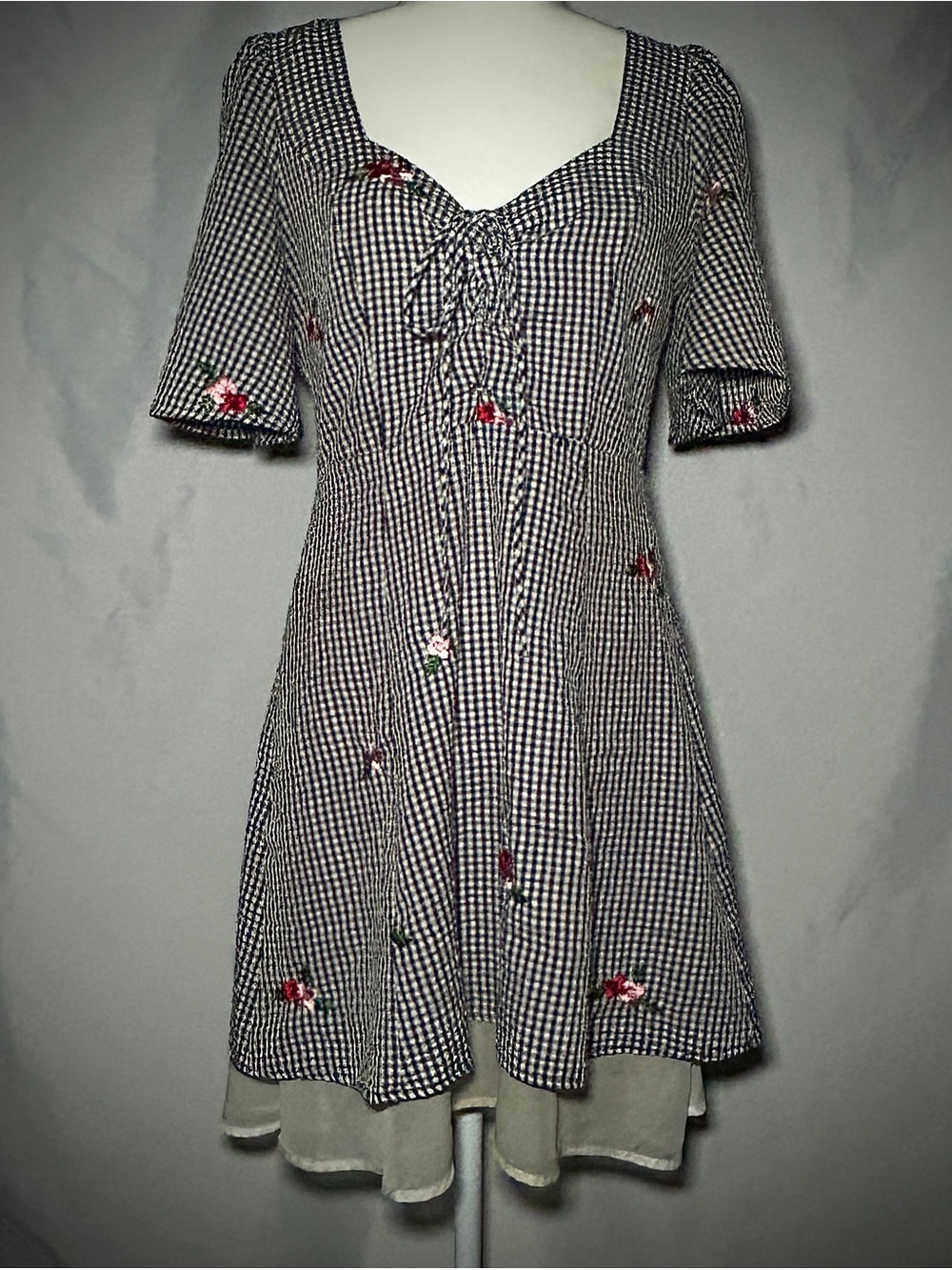 Gingham Tie-Front Mini Dress with Red Floral Embroidery - Black/White